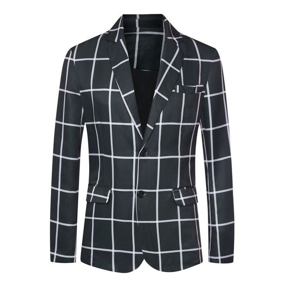 Plaid Blazers Contrasting Color Notch Lapel Business Sports Coats Black - Picture 1 of 7